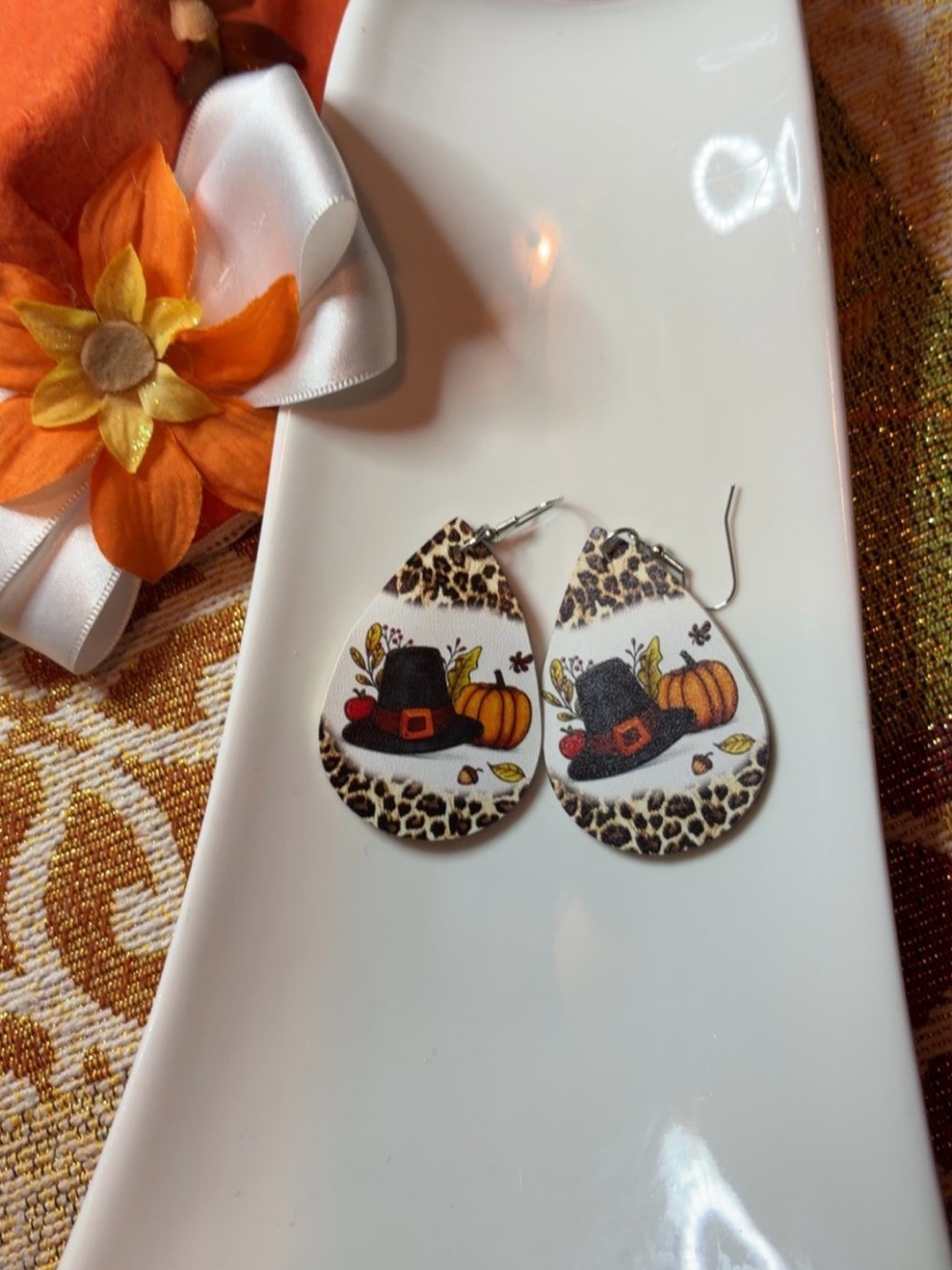 Fall Pumpkin & Leopard Print Teardrop Earrings - White